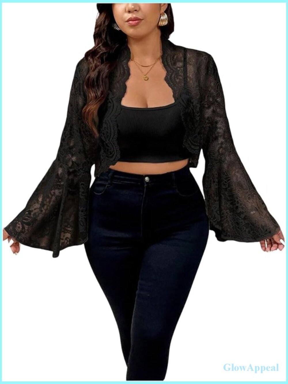 Plus Size Lace Open Front Cropped Jacket Mesh Bell Sleeve Lightweight Outerwear